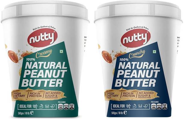 Nutty Unsweetened Natural Peanut Butter Crunchy + Creamy, (Combo of 2, 1250g each) 2500 g
