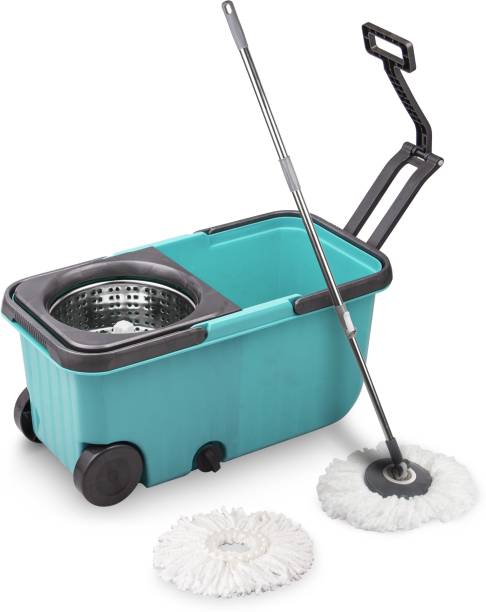 POLYSET Dual Mop Bucket with Wheels, Microfiber Mop with 1 Refill, Easy Cleaning for Home, Kitchen, Office and Retail Shops, Adjustable Height and Clip Lock Handle, Self-Wringing 360 Spinner, Mop Set