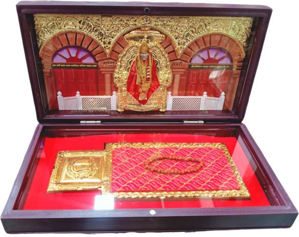 om sai toys Shirdi Saibaba Wooden Momento Frame with Samadhi Mandir (Gold) Decorative Showpiece  -  22 cm