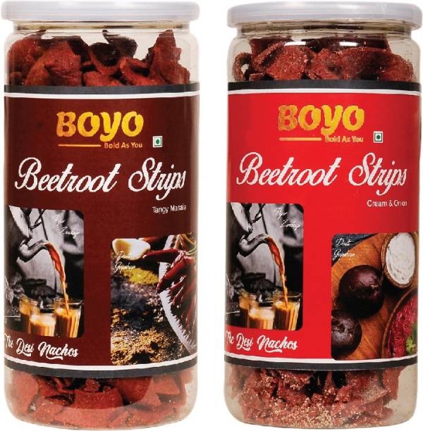 BOYO Beetroot Strips Tangy Masala 150g Beetroot Strips Cream & Onion 150g (Pack of 2) Chips