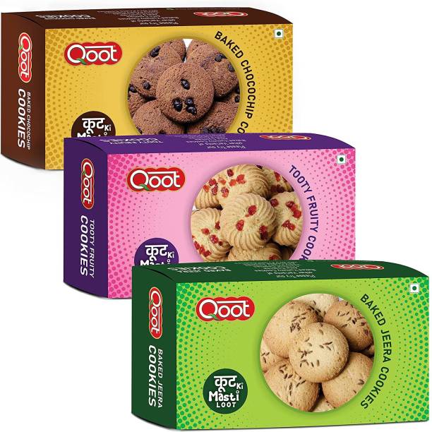 QOOT Cookies Combo - Jeera Cookies, Chocochip Cookies & Tooty Fruity Cookies, Baked Cookies