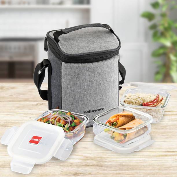 cello Delighta Square Borosilicate Lunch Box with Jacket, 320ml, Set of 3 3 Containers Lunch Box