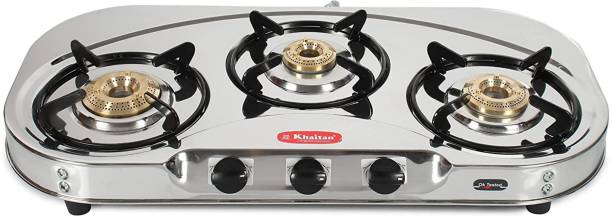 Khaitan 3 Burner Draw "C" (with extra big party cooking burner) Stainless Steel Manual Gas Stove