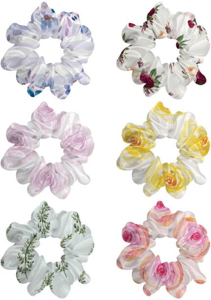 FEROSH White Floral Scrunchies Set of 6 Rubber Band