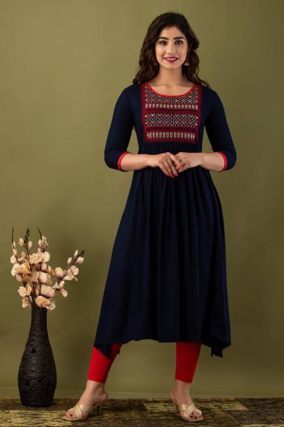 Women Embroidered Viscose Rayon Flared Kurta With Attached Dupatta Price in India