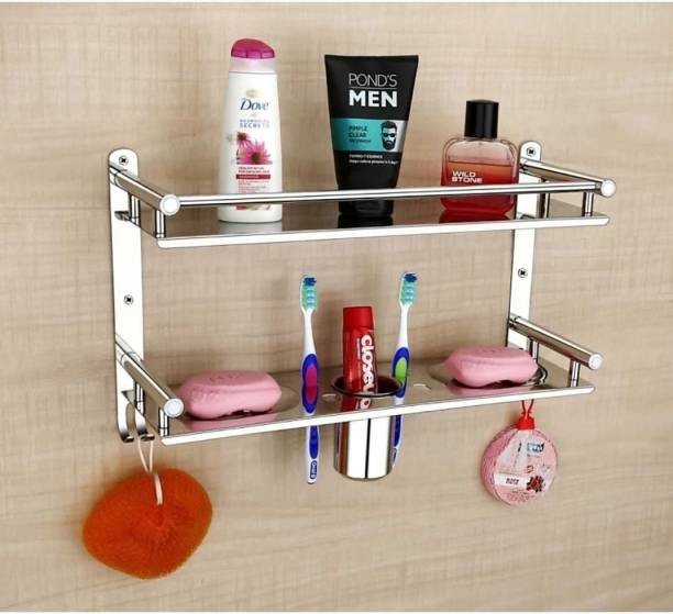 Well Set Multipurpose Bathroom & Double Dish&Tumbler&Soap&Tooth Brush Holder Stainless Steel Wall Shelf
