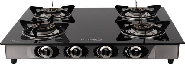 Blowhot Jasper Auto Ignition Heavy Brass 4 Burner Stainless Steel Frame Toughened Glass, Cast Iron Automatic Gas Stove
