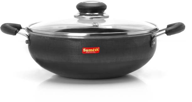 Sumeet Pre Seasoned Iron Kadai 2.5mm Thick with Glass Lid (22.8 cm, 2.3Ltr) Kadhai 22.8 cm diameter with Lid 2.3 L capacity