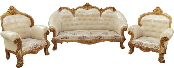 ARVISH ENTERPRISES Teakwood 5 Seater Sofa Set with Cushion for Living Room, Natural Brown Finish Fabric 3 + 1 + 1 Sofa Set