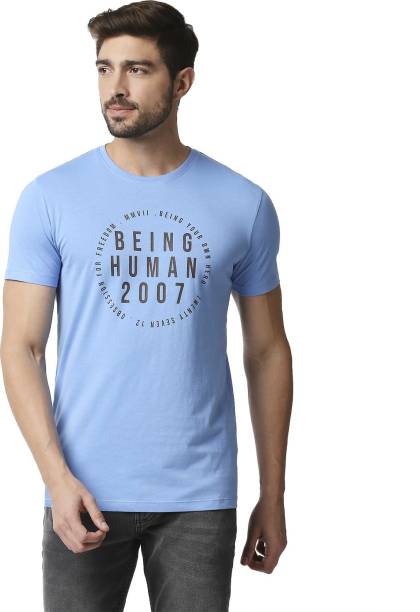 BEING HUMAN Solid Men Round Neck Light Blue T-Shirt