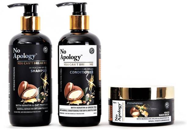 NO APOLOGY Moroccan Argan SHAMPOO + CONDITIONER with Keratin + KERATIN HAIR MASK (Combo) with Oat Protein, Green Tea & Ginger Root Oil