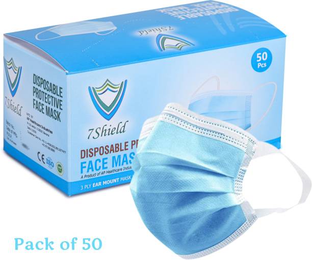 7SHIELD CE and ISO Certified Surgical mask with Extra soft Fabric ear loop and Inbuilt Plastic coated Nose pin disposable water resistant Blue unisex mask. 50pc softloop Surgical Mask