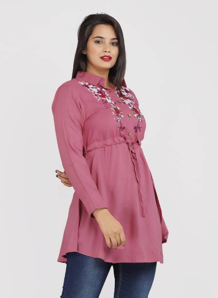glamson Casual Embroidered Women Pink Top