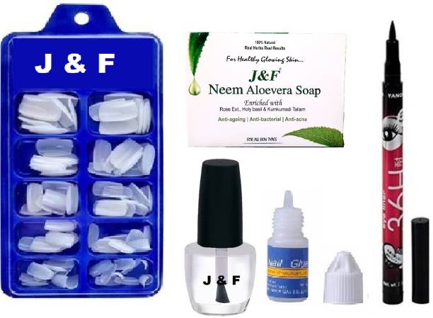 J & F Fake Nails With Glue & Top Coat Nail Paint , Neem Soap & 36 Hours Eyeliner