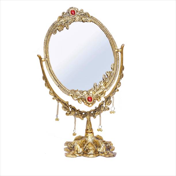 KridayKraft Beautifully Carved Ovel Shape Gold Plating Metal Hand Mirror for Makeup,Salon Mirror & Decorative Table Mirror Antique Item for Wedding Gifts...