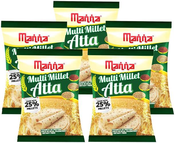 Manna Multi Millet Atta - 5kg (1kg x 5 Packs) - MultiGrain Atta with 25% Millets, Tasty and Healthier Rotis everyday. 100% Natural Flour. Nutrient Powerhouse