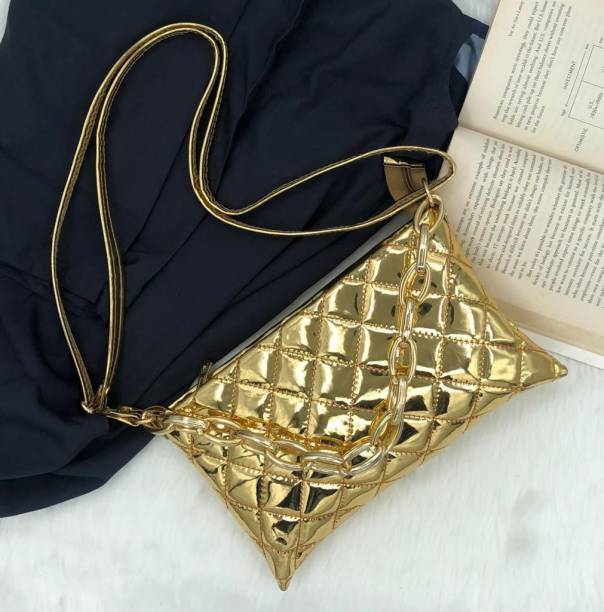 nh Collection Gold Sling Bag Stylish Sling Bag with Golden Chain for Women , PU Leather Long Belt Sling Bag
