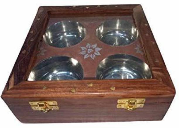 Geetastik dry fruit box 4 bowls  - 100 ml Wooden, Steel Utility Container