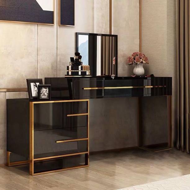 NG Decor Black Makeup Vanity with Flip Top Mirror & Side Cabinet and Drawers Golden Legs Metal Dressing Table