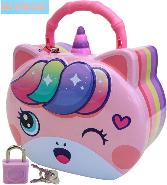 GAMLOID Unicorn cute piggy bank key lock gifts children carrying type large capacity