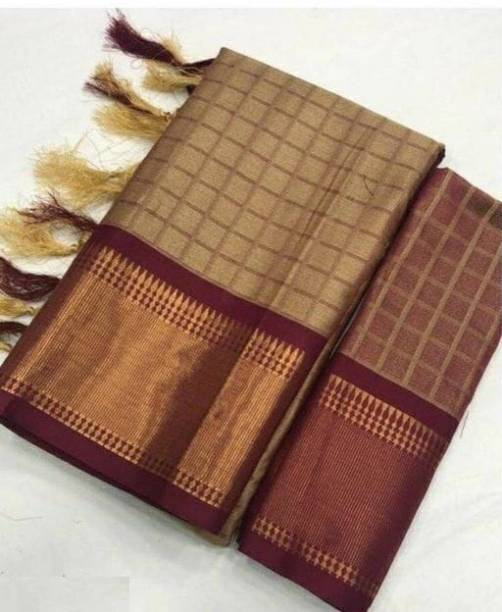 Bombey Velvat Fab Color Block, Temple Border, Striped, Woven, Checkered Paithani Art Silk, Cotton Silk Saree