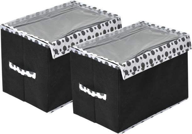 Heart Home Storage Box Dot Print Small Non-Woven Storage Box With Tranasparent Lid Pack of 2 (Black) 44HH0412
