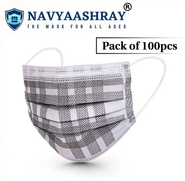 Navyaashray Certified Pack of Black Check Print 100 masks, 3 layered face mask With Nose pin Surgical Mask