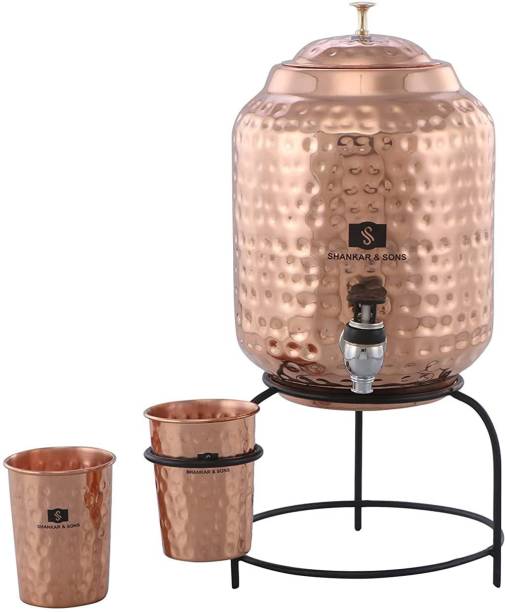 SHANKAR & SONS 5 Litre Copper Hammered Water Dispenser Matka with 2 Glass and Stand 5000 ml Bottom Loading Water Dispenser