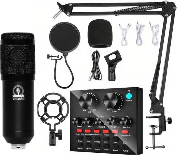 zhizuka Professional Condenser Microphone Kit Adjustable Scissor Arm Stand, Shock Mount, 3.5 mm Audio Jack Converter for Mobile and Computer, Studio Recording (3.5mm Microphone + Sound Card, Black) Microphone