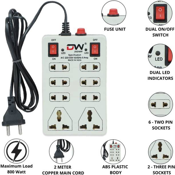 Digiway 8+2 Mini Extension Cord/Board ,2 Meter Cord Wire(Beige) 8  Socket Extension Boards