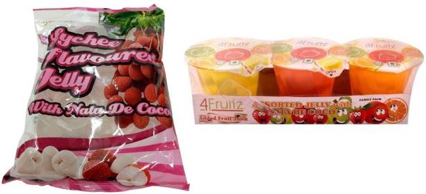 4Fruitz Lychee & Nata De Coco 3cups300gm&390gm(Pack of 2)Imported Lychee Jelly Candy