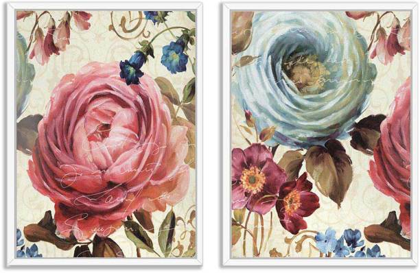 Painting Mantra Set of 2 Canvas Painting Blue & Pink Rose Canvas Framed Art Print for Home Decor Canvas 17 inch x 13 inch Painting