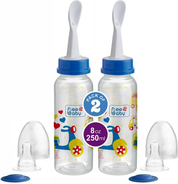 Beebaby Gentle 2 in 1 Baby Feeding Bottle with Plastic Feeder Spoon. 2 Pack (Blue) 8M+ - 250 ml
