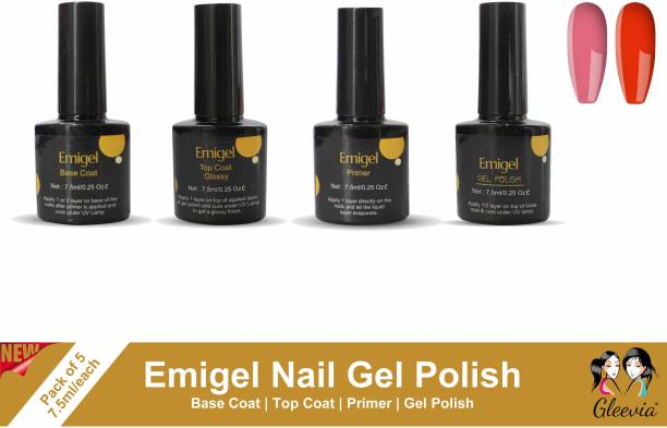 Gleevia Combo Kit of UV Nail Primer, Top Coat Glossy, Base Coat and 2pc Gel Polish 7.5ml/each