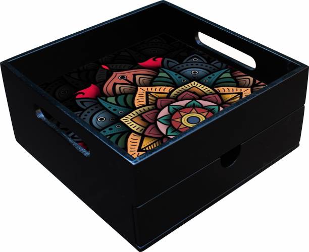 Enigmatic Woodworks Tray With Drawer| Storage Tray| Wooden Organizer| Black Color DB2 Theme Engineered Wood Box