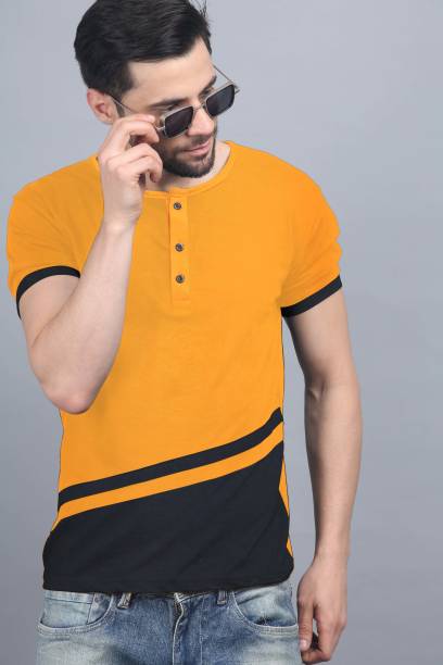 Men Color Block Henley Neck Black, Yellow T-Shirt Price in India