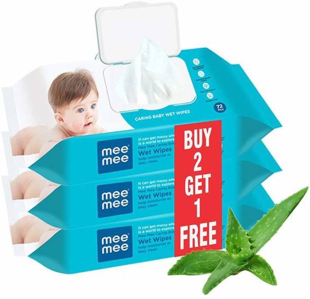 MeeMee Caring Baby Wet Wipes with lid, 72 Pcs (Aloe Vera, Pack of 3)