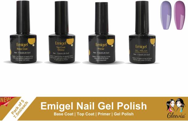 Gleevia Combo Kit of UV Nail Primer, Top Coat Glossy, Base Coat and 2pc Gel Polish 7.5ml/each Code:E19-E20