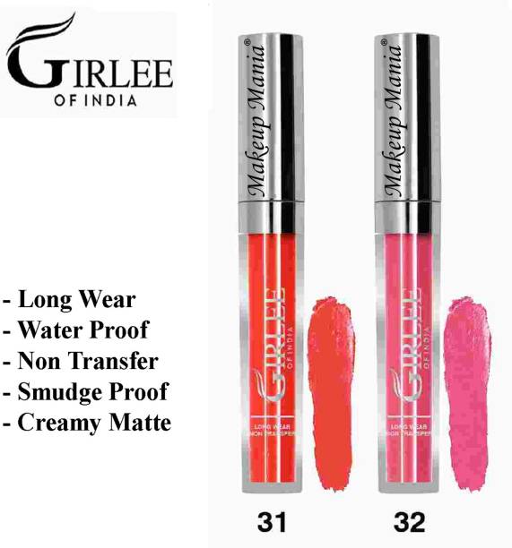 Makeup Mania Girlee Non Transfer Matte Liquid Lipstick, 31 Apricot Orange, 32 Bubblegum Pink