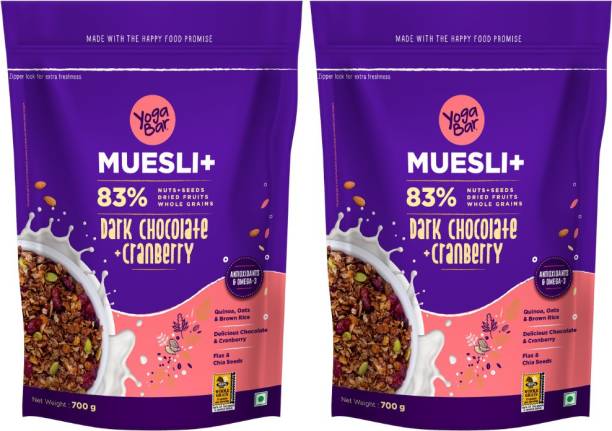 Yogabar Dark Chocolate & Cranberry Muesli | Super Saver 700g x 2 | Wholegrain Breakfast Cereal with Nuts and Oats| High in Protein and Omega 3 | Gluten Free Choco Granola with Chia and Flax Seeds Vacuum Pack