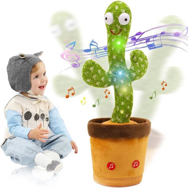 AASAVI Dancing Cactus Toy | LED Lights & Talking Musical Dancing Plush Cactus toy | Early Educational Toy for Kids Babies Children | Wriggle & Singing Repeating What You Say Cactus Toys 120 Songs (Yellow cap with Blue Dress)