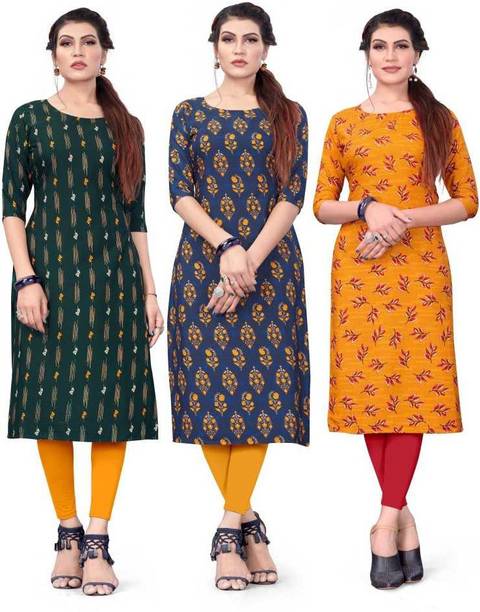 Pack of 3 Women Printed Crepe Straight Kurta Price in India