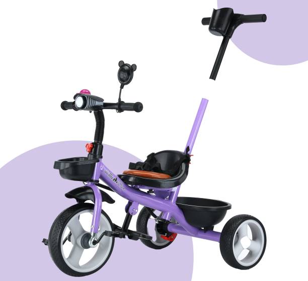 Little Olive Baby Tricycle for Kids with Music Lights Leather Seat Adjustable Push Bar Mirror and Footrest Tricycle