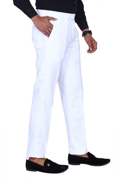 Men Regular Fit White Polycotton Trousers Price in India