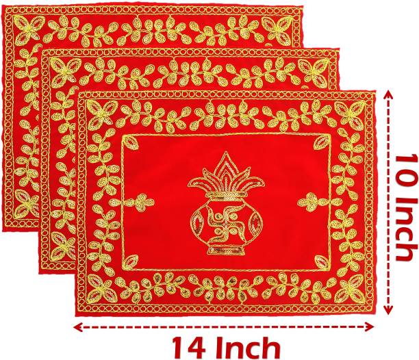 Bhakti Lehar ( 10 x 14 Inch ) Kalash Design Embroidered Velvet Pooja Aasan Cloth for Temple Altar Cloth