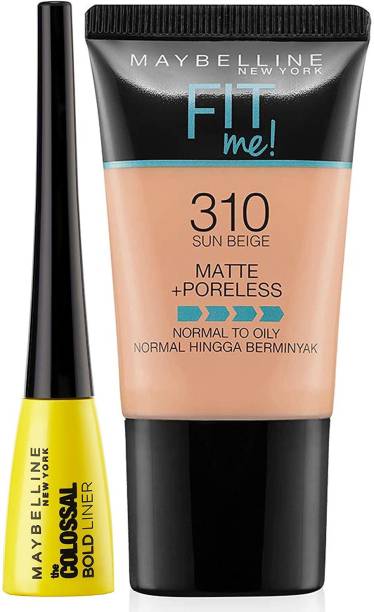 MAYBELLINE NEW YORK Fit Me Tube, 310 Sun Beige & Colossal Bold liner, BlacK (PACK OF 2) 21 ml
