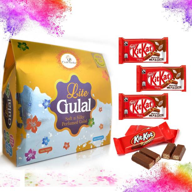 CraftVatika Holi Perfumed Gulal with 5 Kitkat Chocolate Combo Assorted Gift Box