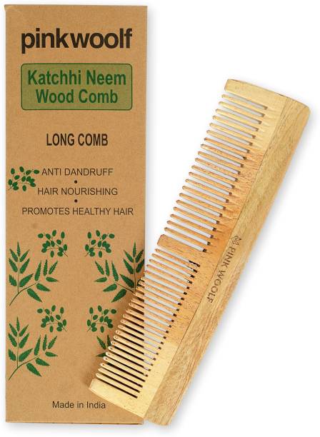 Pink Woolf Organic Neem Wood Comb (LONG) | Women & Men | Natural & Eco Friendly | Wide Tooth Comb, Anti-Bacterial Styling Comb for All Hair Types | Made in India