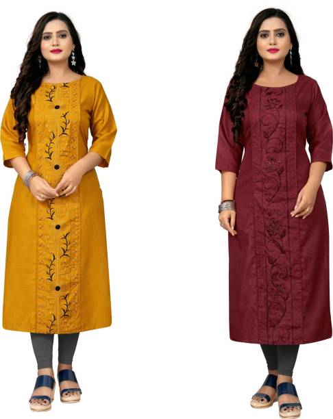 Pack of 2 Women Embroidered Cotton Blend Straight Kurta Price in India