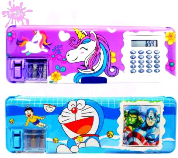 SmartCrafting Cartoon Printed Pencil Box With calculator and Sharpner Best Gifts Art Plastic Pencil Box, Trendy Cartoon Printed Art Plastic Pencil Boxes